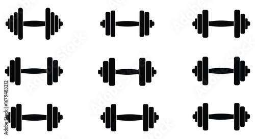 Multiple black dumbbells arranged in rows on a white background
