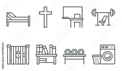 Minimalistic icons: bed, cross, office, gym, gate, bookshelf, plates, laundry