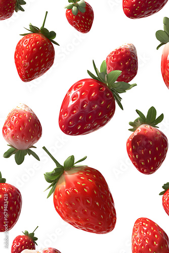 A vibrant arrangement of fresh strawberries scattered against a clean white background