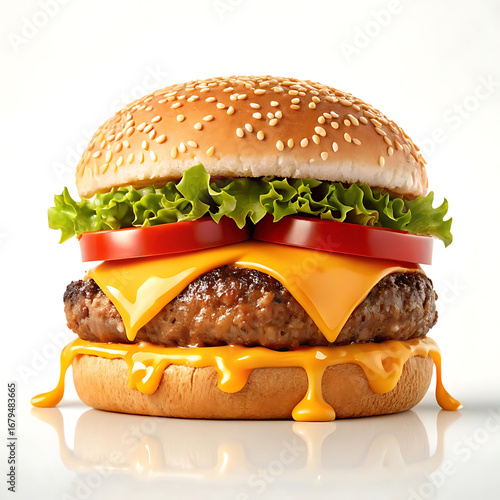 Delicious cheeseburger with melted cheese and fresh toppings white background