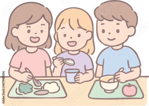This illustration shows three happy children sitting together and enjoying a meal with trays of food, bowls, and drinks.