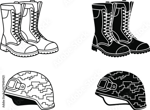 Pair of military combat boots and two helmets with camouflage patterns