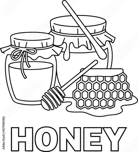 Hand drawn illustration of honey jars and honeycomb with a honey dipper