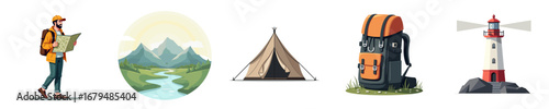 Outdoor adventure elements including hiker, tent, backpack, and lighthouse  