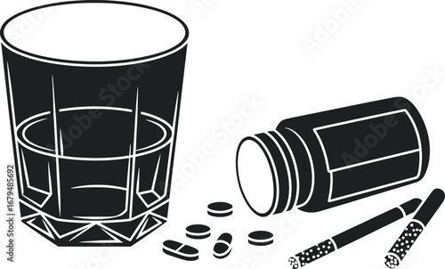 Illustration of a glass of water with a pill bottle and scattered pills