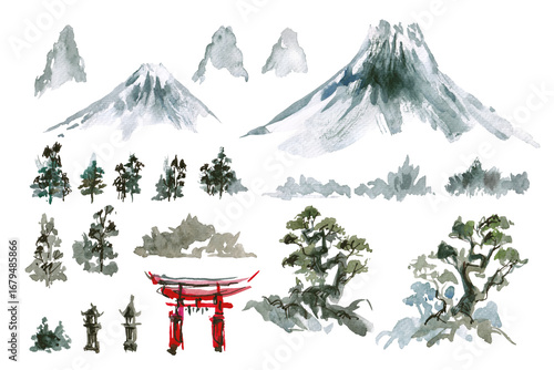 Fotografía watercolor japanese landscape mountains torii