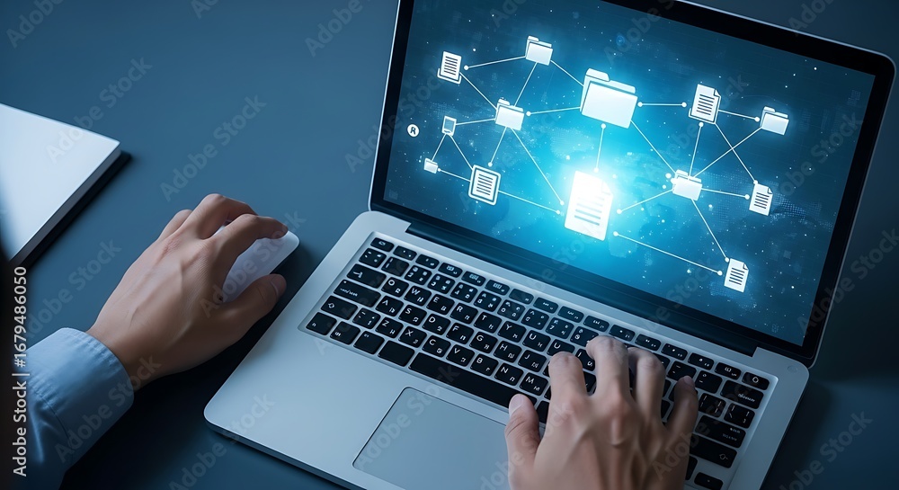 Obraz premium Data Management and Connectivity on Laptop Screen Conceptualizing Cloud Network Storage Solution
