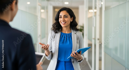 A confident businesswoman discusses a project with a colleague in a modern office a perfect image of professional leadership corporate communication and teamwork
