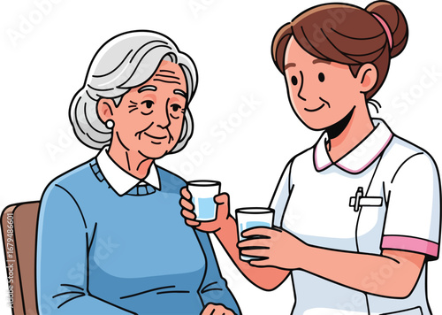 A caregiver offers water to an elderly woman, providing assistance and care.