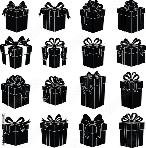 Collection of gift box silhouettes with decorative ribbons, present icons, holiday packaging, celebration, surprise, black and white, various styles, isolated on white background