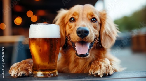 Dachshund dog with beer on a patio looking cute and. Sausage canine having brew on terrace radiating charm adorable pet weiner ale beverage summertime outdoor relaxation happy
