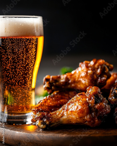 delicious chicken wings with a beer. Tasty poultry appetizer alongside an alcoholic beverage pub fare eatery refreshment snack gastronomy flavor treat indulgence brew drink