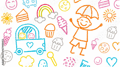 Colorful crayon drawing featuring a child with an umbrella, rainbow, and assorted sweets and objects silhouette