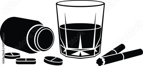 Alcohol pills and cigarettes representing addiction and substance abuse