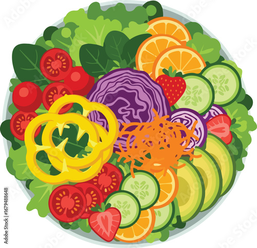 Overhead view of a colorful salad in a bowl, featuring lettuce, tomatoes, avocado, cucumber, orange slices, strawberries, and other fresh vegetables.