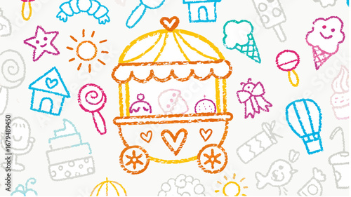Hand drawn style illustration of a colorful ice cream cart surrounded by sweets and summer themed objects silhouette