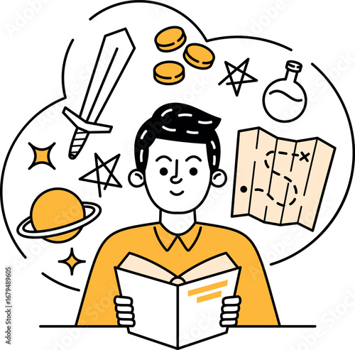 Schoolboy doodle character studying vector illustration