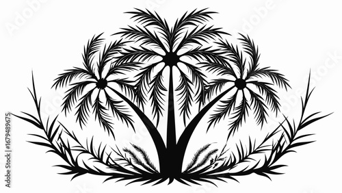 Elegant black silhouette of lush palm trees and tropical foliage creates a serene oasis scene
