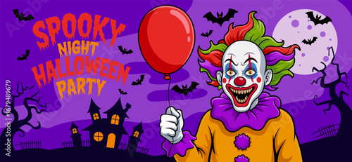 Happy Halloween party greeting card. Halloween night Invitation. Halloween Promotion Poster. Spooky flyer background template. Halloween card design with with a clown. Celebrating October 31st.