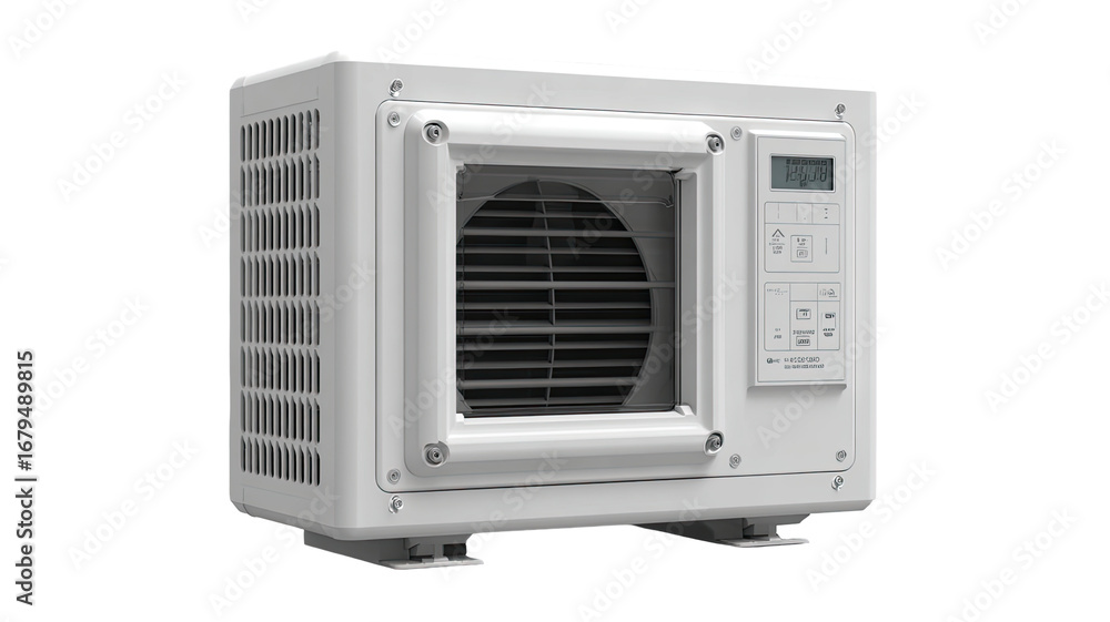 Obraz premium White, rectangular, compact air conditioner unit. Features a vent with grille, control panel with digital display, and small feet for stability