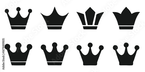 Collection of eight simple black crown icons in two rows against a black background
