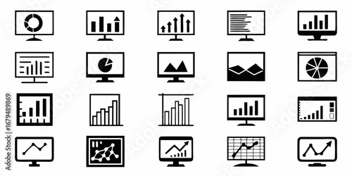 Collection of computer monitors displaying various types of charts and graphs for data analysis