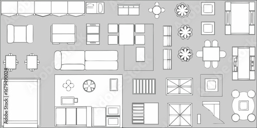Top down view of furniture layouts and floor plans with various seating and tables