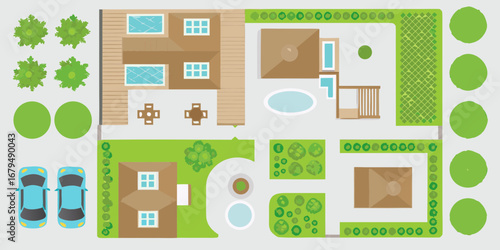 Top down view of a modern house with a swimming pool and garden layout