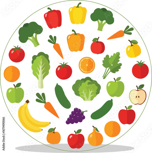 Circular arrangement of colorful fruits and vegetables, including apples, oranges, peppers, lettuce, and bananas.