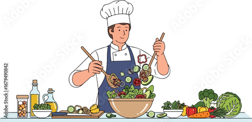 Chef preparing a vibrant vegetable salad on a kitchen counter.