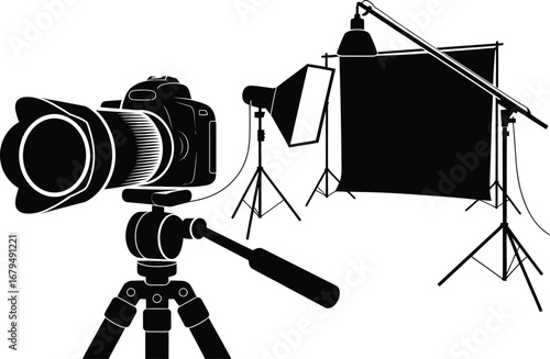 Illustration of a dslr camera on a tripod with studio lighting equipment