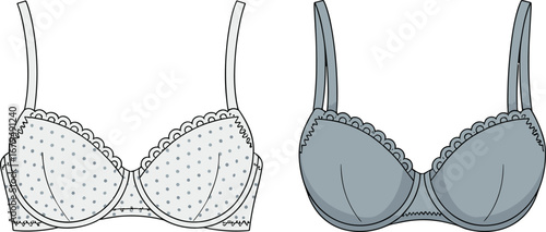 Bra design, lingerie fashion, undergarment illustration, polka dot bra, lace trim, adjustable strap, flat sketch, CAD drawing, vector art, apparel temp