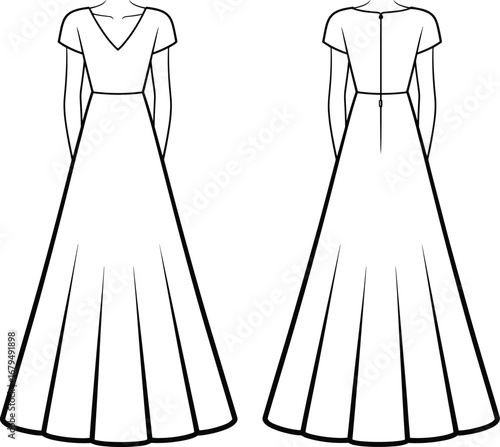 Floor length dress sketch, fashion CAD drawing, technical garment illustration, V-neck bodice, flared skirt, zipper back, flat vector design