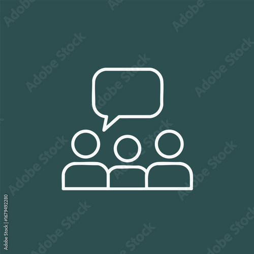 Three stylized figures engaged in conversation, set against a solid background, symbolizing communication and connection