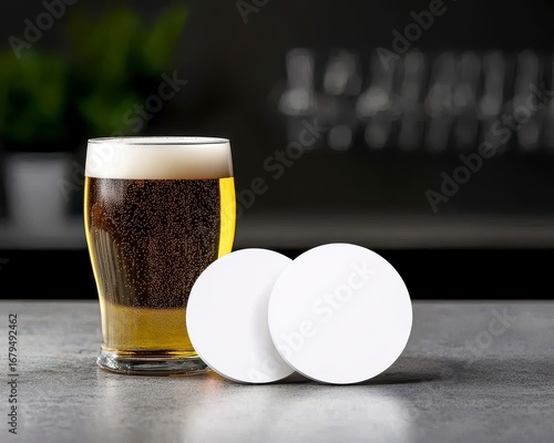 Mockup of white beer coasters on a bar table with gla. Presentation of blank beverage mats upon a counter surface alongside glassware perfect for pub promotion barware design or drink
