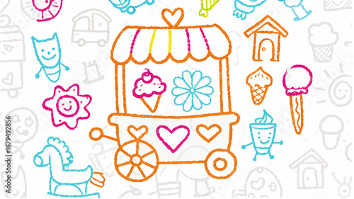 Illustration of a whimsical ice cream cart surrounded by playful doodles and childlike drawings style art silhouette