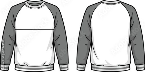 Long sleeve raglan sweatshirt, white body, gray sleeves, striped ribbed cuffs, collar, waistband, front seam detail, back plain view