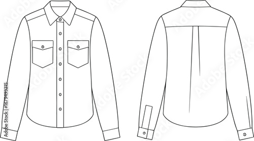 Long sleeve shirt technical sketch, front and back view, button-up shirt CAD drawing, fashion flat vector illustration, garment design