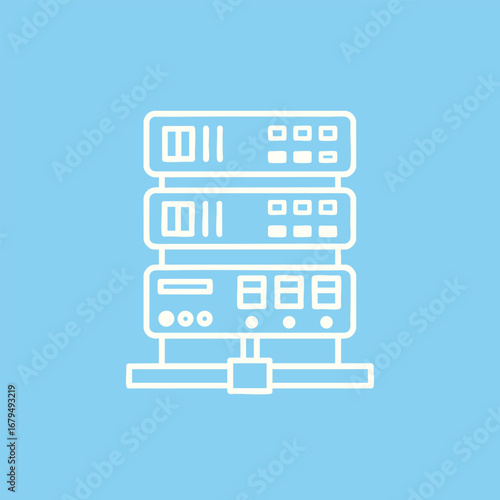 Illustration of three stacked server racks on a light blue background, symbolizing data storage and technology infrastructure