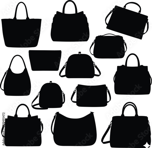 Handbag silhouette collection, women fashion bag set, purse outline, tote, clutch, backpack, stylish accessories, leather handbag design illustration