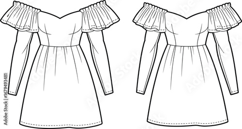 Off shoulder dress, puff sleeve fashion sketch, sweetheart neckline, technical garment drawing, vector illustration, CAD design, apparel flat template