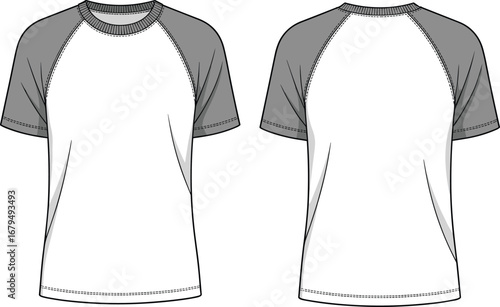 Men’s raglan sleeve t-shirt front and back view, fashion flat sketch, casual wear template, technical drawing, CAD vector illustration
