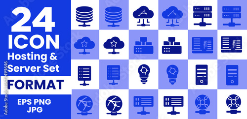 Hosting and Server Icons Set. Cloud, Network, and Technology Symbols.