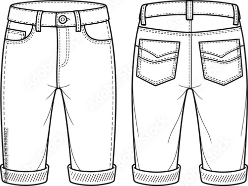 Rolled up jeans front back view, fashion cad sketch, denim pants technical drawing, flat vector illustration, garment design template