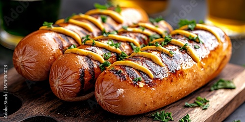Three delicious hot dogs with mustard and parsley ser. Savory frankfurter treat relish condiment herb culinary yummy wiener nourishment tasty meal snack frank appetizing