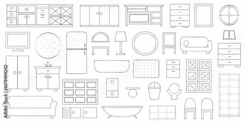 Collection of hand drawn line art furniture and home decor items for interior design