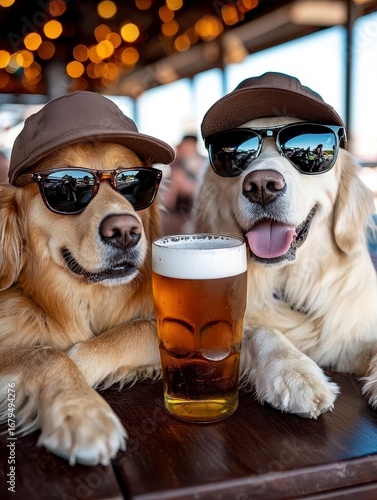 Two dogs in sunglasses and hats enjoying beers outdoo. Canine buddy in eyewear headwear savoring beverage outdoor relaxation friendship festivity domestic animal refreshment
