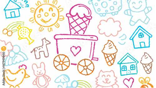 Childlike crayon drawing featuring train with ice cream, sun, houses, and various other whimsical shapes silhouette