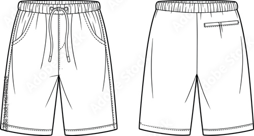Technical shorts sketch, front and back view, elastic waistband, drawstring detail, fashion CAD, vector illustration, apparel template, garment design