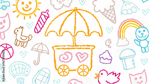 Childlike crayon drawing featuring a cart with an umbrella, sun, rainbow, and other whimsical elements silhouette